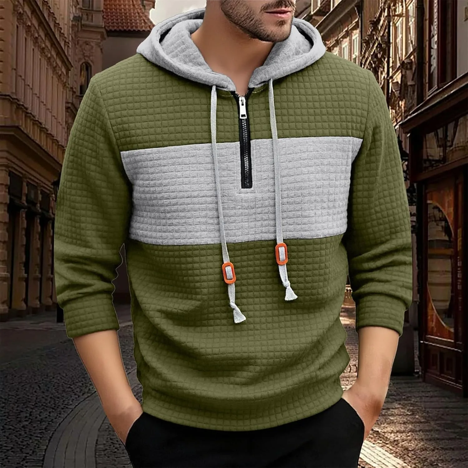 Толстовка с капюшоном для мужчин Color Block Slim Fit с молнией на четверть — фото 3