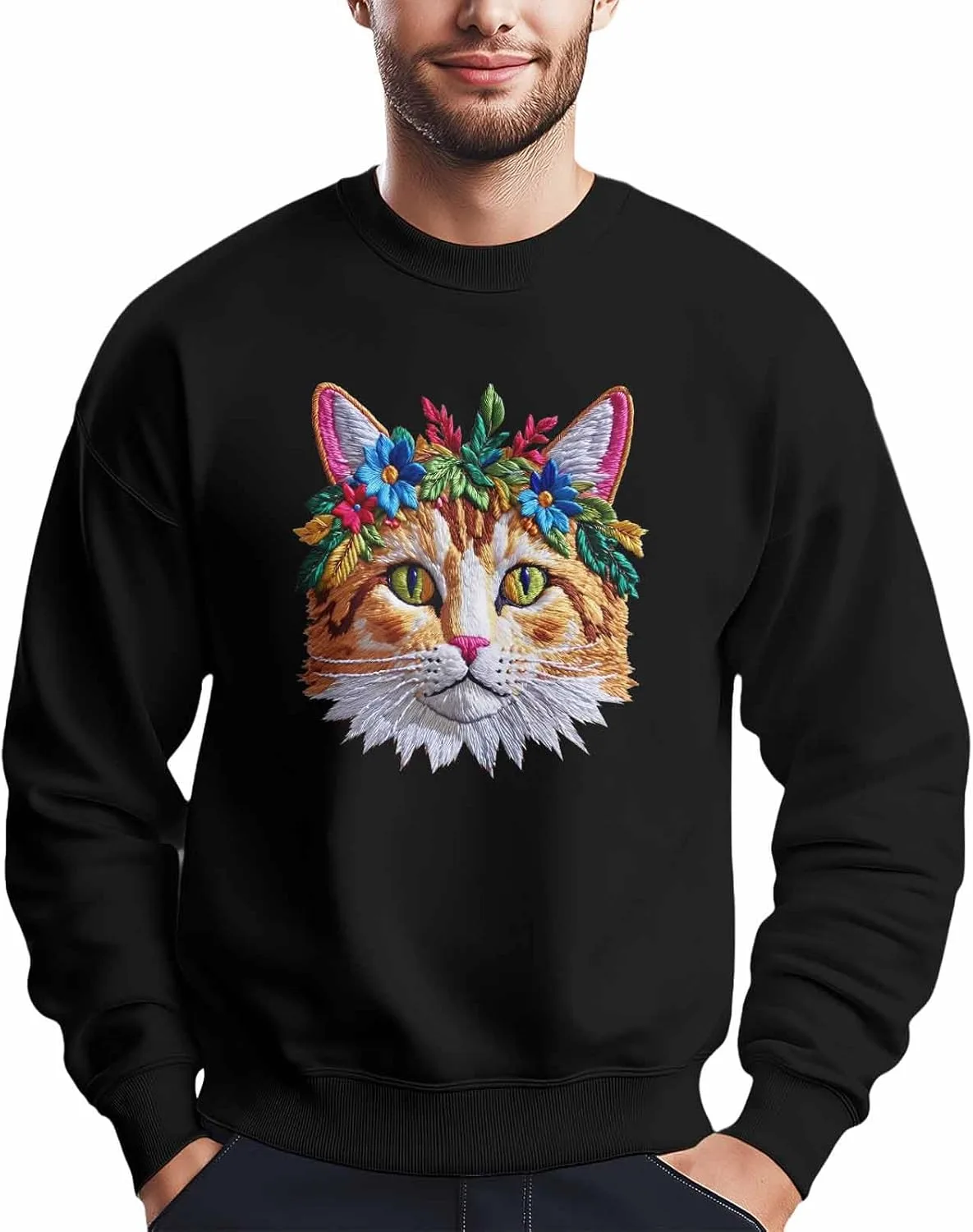 

Мужской свитшот с принтом кота в цветочном венке, Crewneck, Long Sleeve Winvebermior