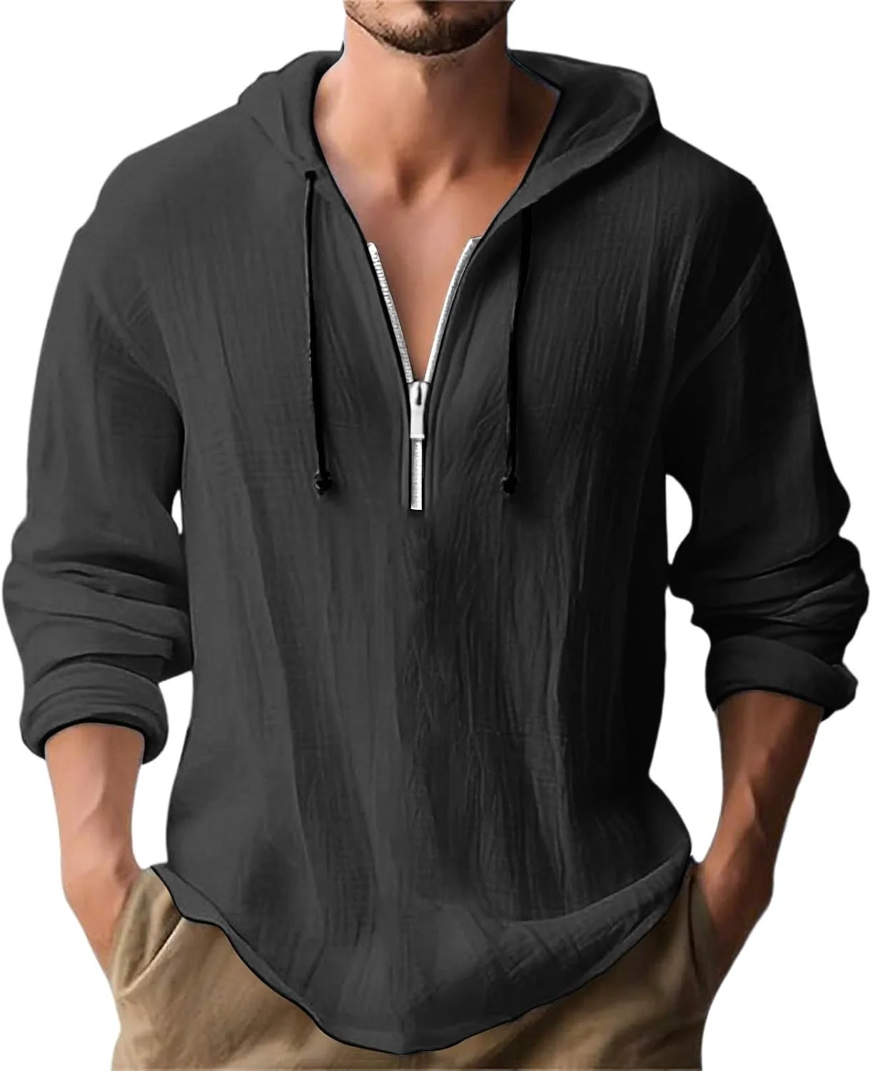 

Мужская льняная худи с длинным рукавом на молнии