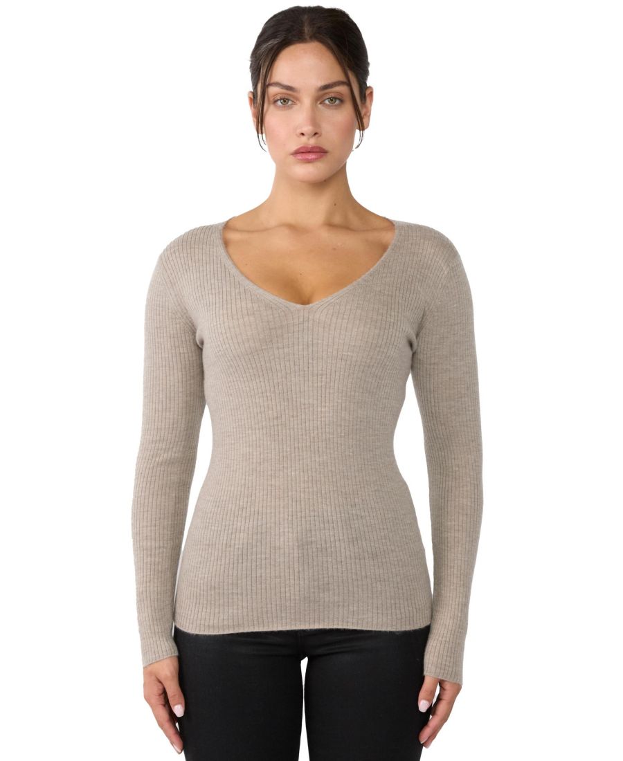 

Женский свитер с V-образным вырезом из 100% кашемира | Кашемировые свитера в рубчик, плотной ткани JENNIE LIU, Otter