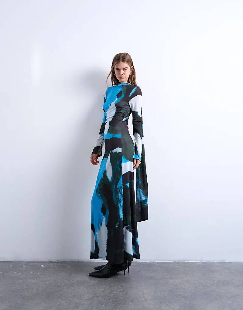 

Длинное платье Tophop с размытым абстрактным принтом и шарфом синего цвета