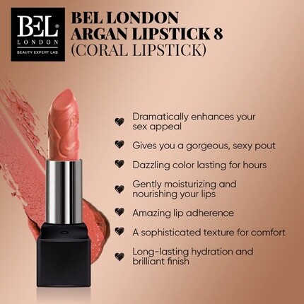 Bel London Помада Bl Argan Lipstick Coral Удивительные помады для женщин Мягкие, приятные на ощупь губы Длительное сохранение сияния на весь день и ночь #08 Coral — фото 2