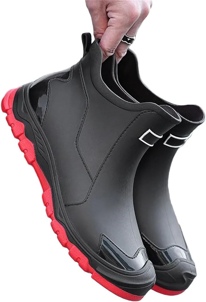 

Мужские резиновые сапоги для дождя, водонепроницаемые и защищающие от влаги, короткие противоскользящие рыболовные резиновые сапоги, рабочая резиновая обувь Generic, черный/красный