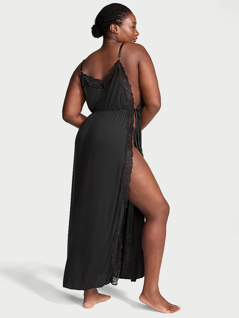 Длинное платье-комбинация из модала в рубчик с кружевной отделкой Victoria'S Secret, black — фото 2