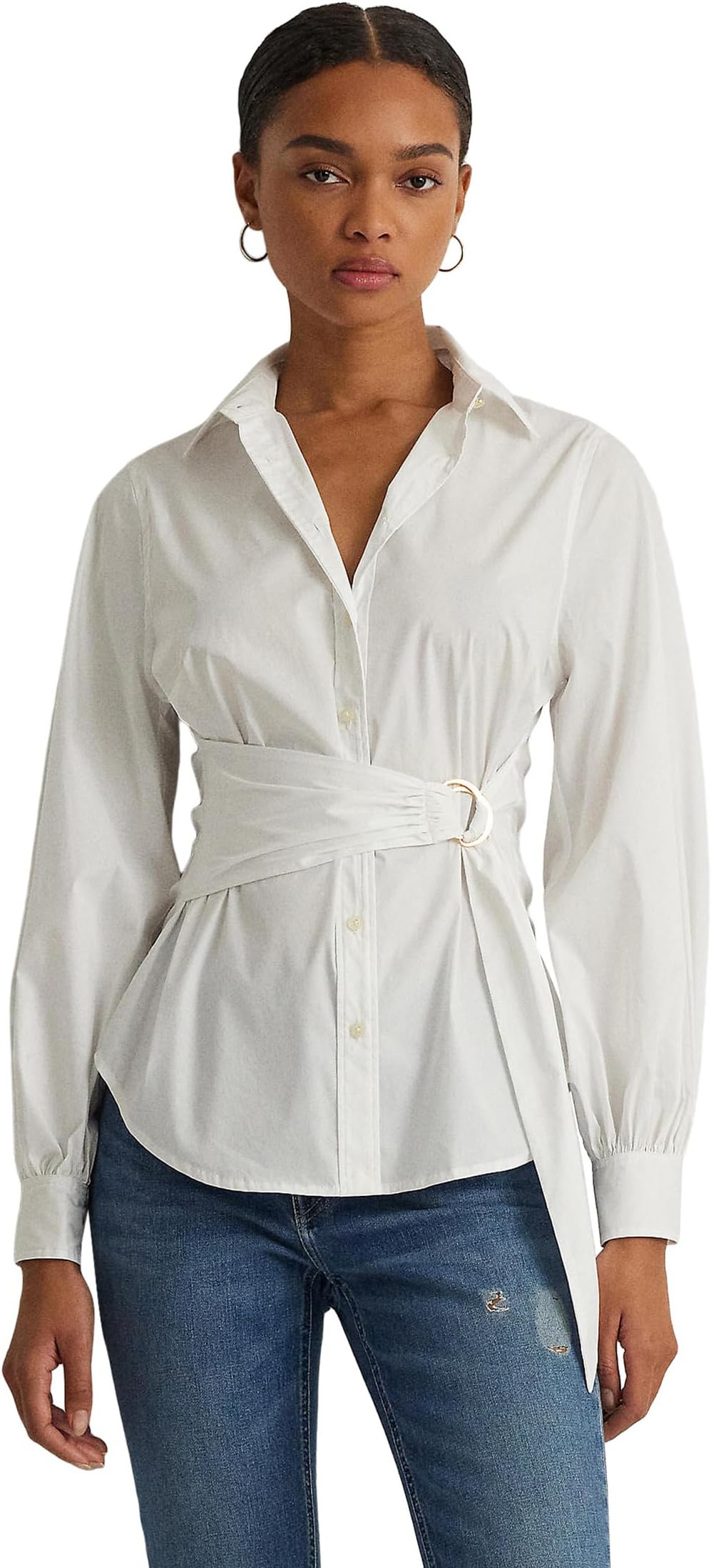 

Рубашка Lauren Ralph Lauren Petite Tie-Front Cotton-Blend Shirt, белый