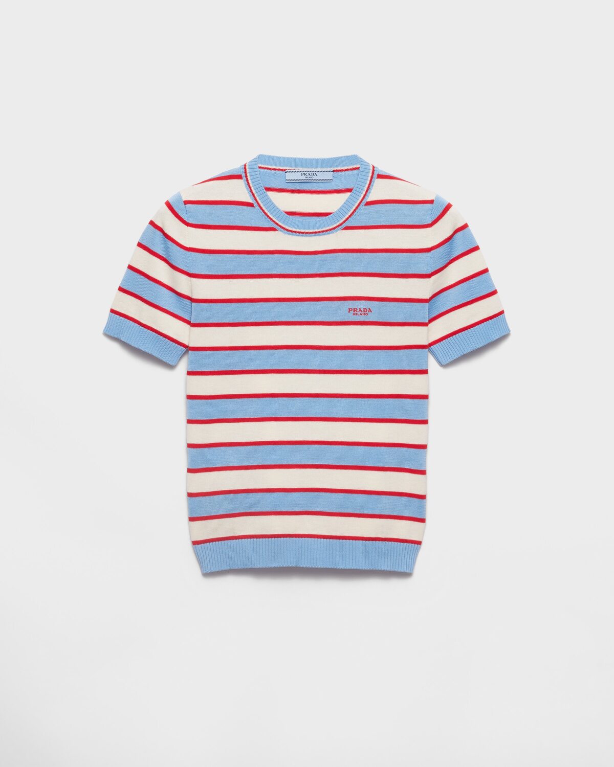 

Хлопковый свитер в полоску с круглым вырезом Prada, голубой