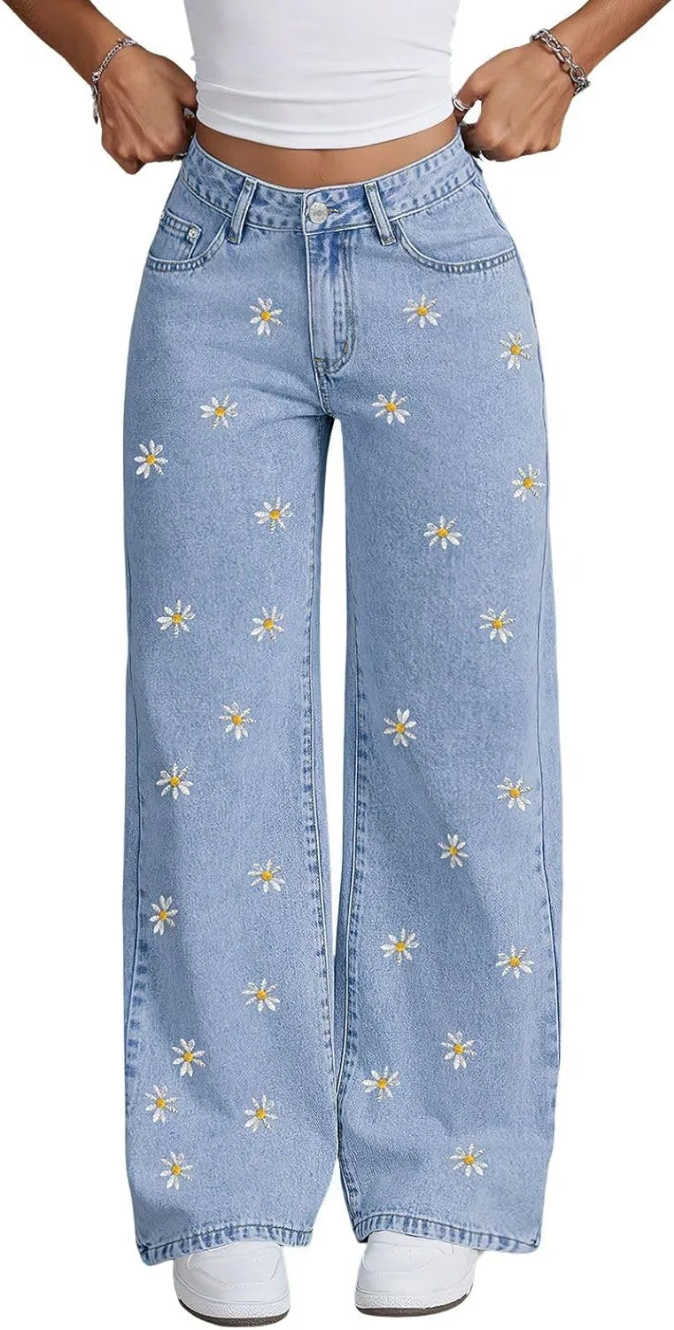 Джинсы с цветочной вышивкой, Light Blue Flowers