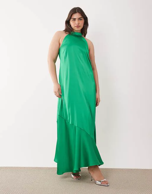

Ярко-зеленое элегантное атласное платье макси с бретельками Vila Curve