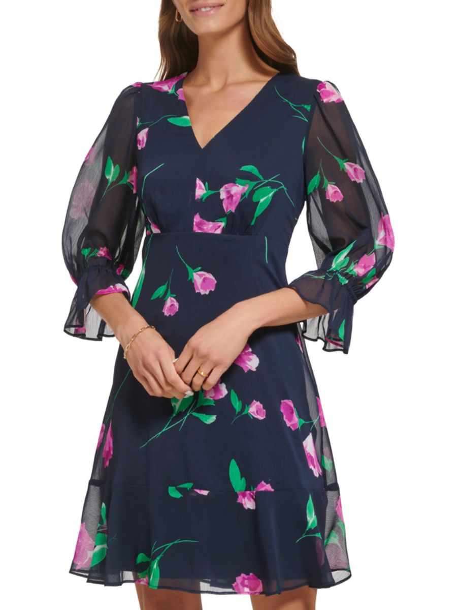 

Мини-платье с цветочным принтом и клешем DKNY, цвет Navy Rasberry