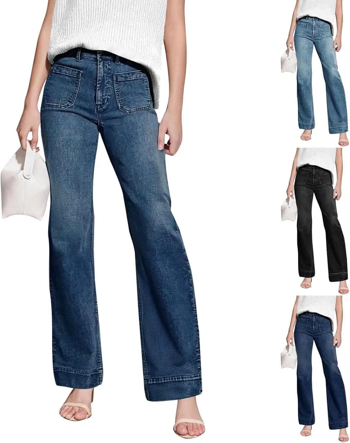 

Растягивающиеся расклешенные джинсы для женщин slim fit на пуговицах high waisted wide leg