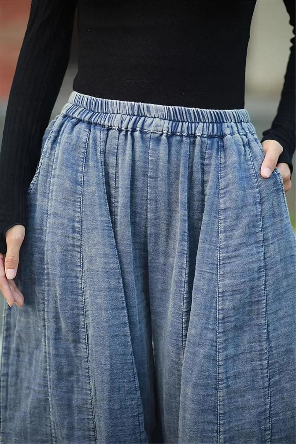 Женские брюки-шаровары с высокой талией в винтажном стиле, однотонные, свободные, из хлопка, повседневные Generic, синий — фото 3