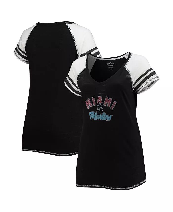 

Женская черная футболка Miami Marlins Curvy Colorblock Tri-Blend реглан с v-образным вырезом Soft As A Grape