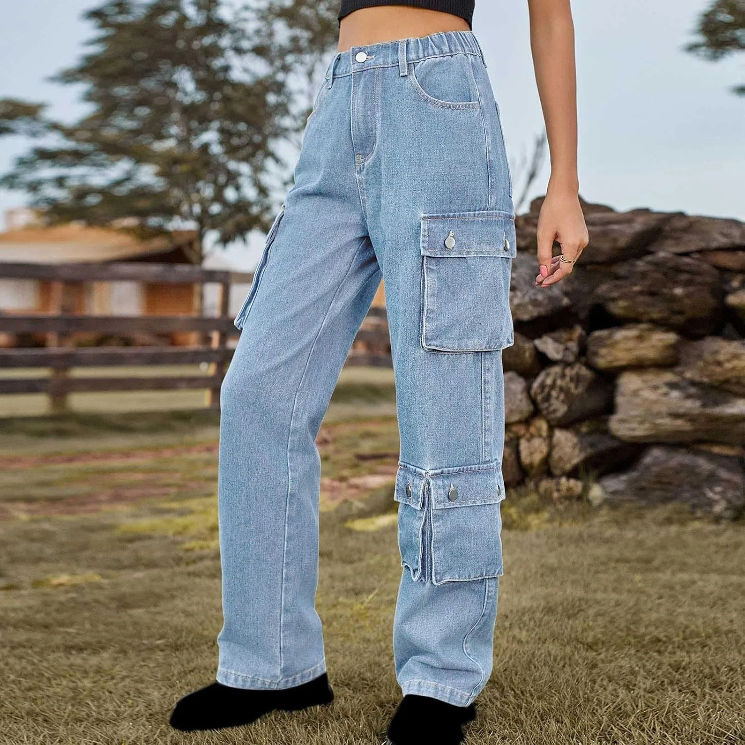 Брюки-карго для женщин Mid Waist Baggy с прямыми широкими штанинами — фото 3