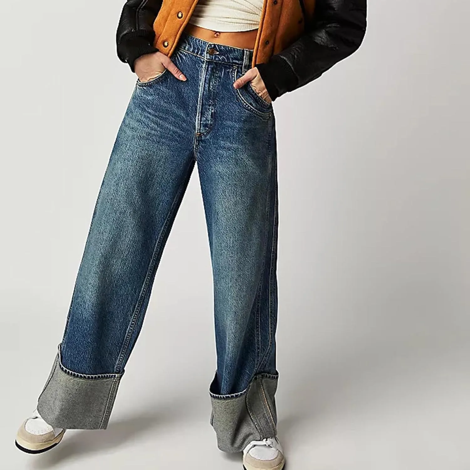 

Akklian джинсы для женщин High Waisted, ретро-стирка, широкие, с манжетами и карманами