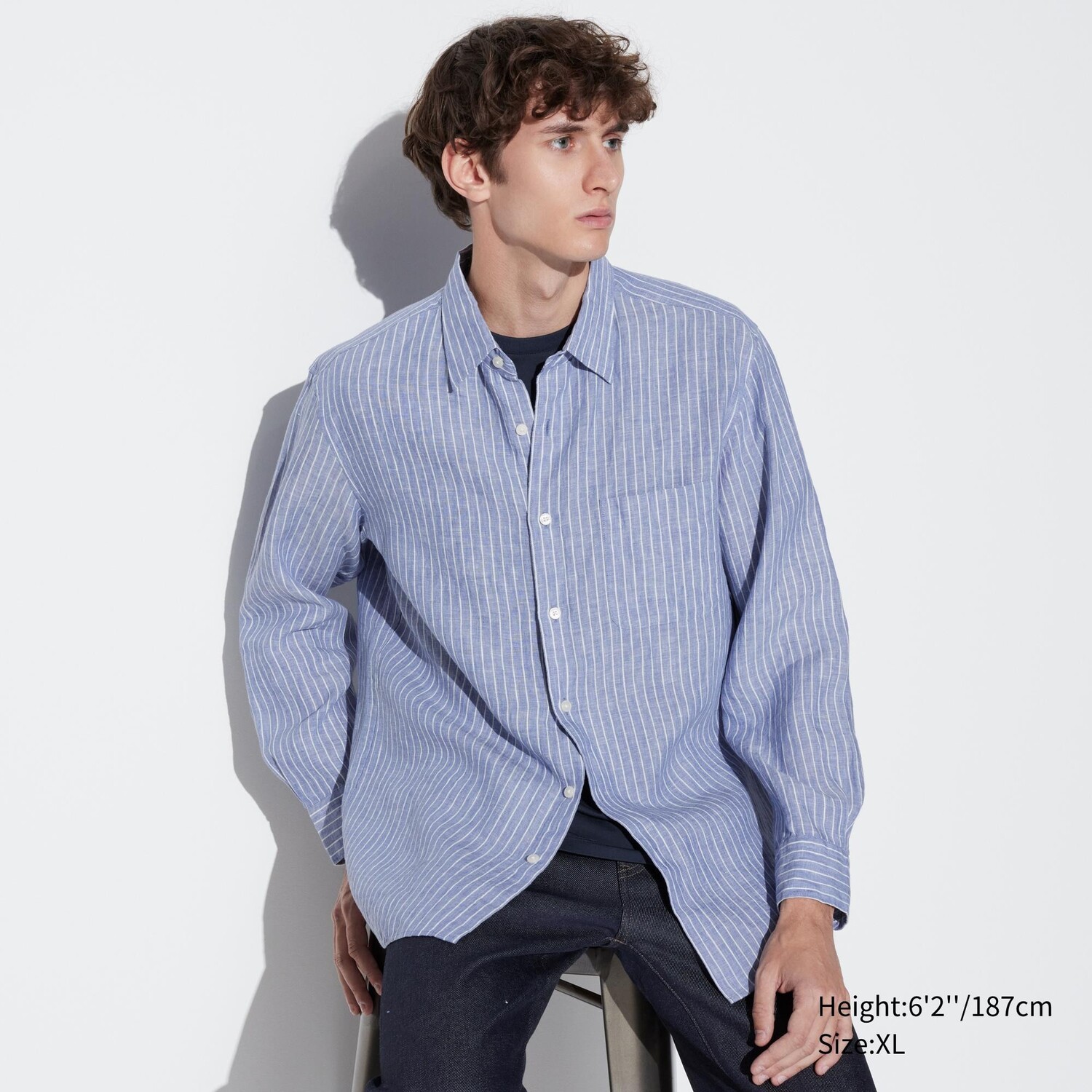 

Рубашка UNIQLO льняная премиум-класса с длинным рукавом в полоску, синий