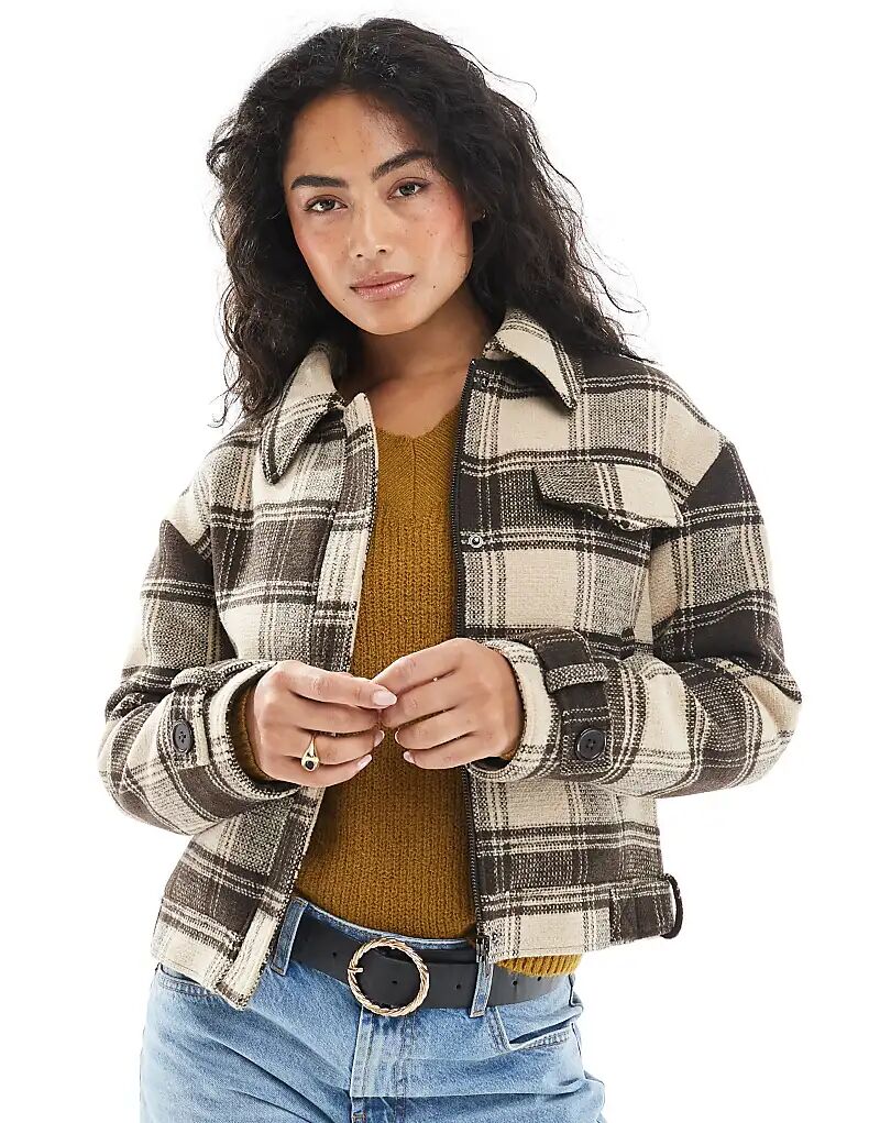 

Куртка-бомбер Wednesday's Girl с начесом в клетку коричневого цвета