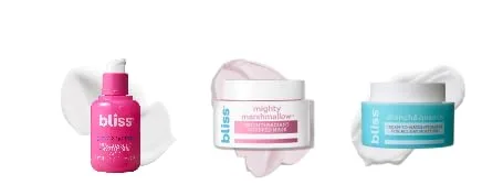 Bliss Mighty Marshmallow Whipped Mask, Glow & Hydrate Hyaluronic Facial Serum и Drench & Quench Moisturizer Hydrating Trio