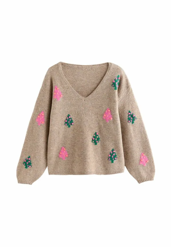 Рождественский джемпер с длинными рукавами, укороченный крой Next, V Neck Neutral Multi Tree