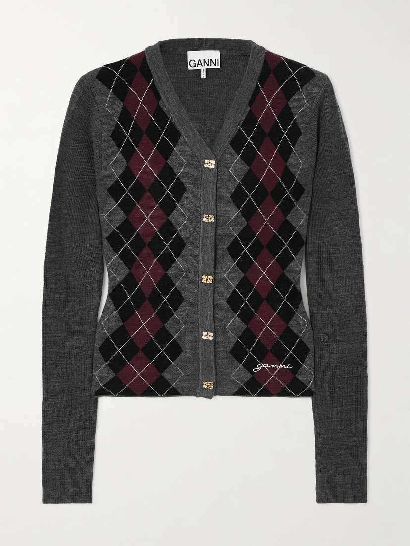 

Кардиган из мериносовой шерсти с узором «Аргайл» Ganni, серый