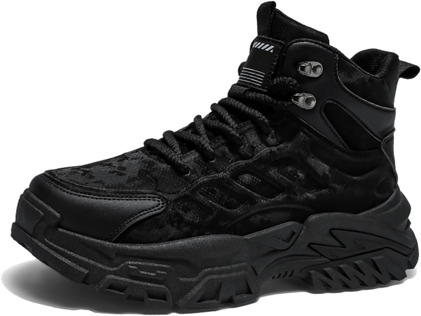 

Мужские спортивные кроссовки с круглым носком, толстой подошвой, шнуровкой, модным дизайном, высоким верхом, нескользящей подошвой и амортизацией, в стиле «папиных кроссовок», подходят для походов и кемпинга на открытом воздухе Igzbibg, черный