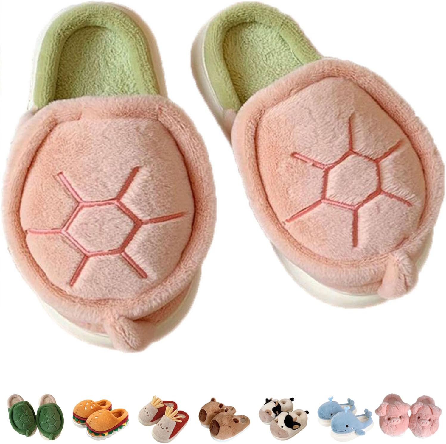 

Тапочки Jfxgjuv в виде черепахи, пушистые тапочки-животные для взрослых и детей, милые плюшевые тапочки-гамбургер, капибара, корова, свинья, акула, мягкие зимние теплые домашние обувь для улицы и дома, розовый