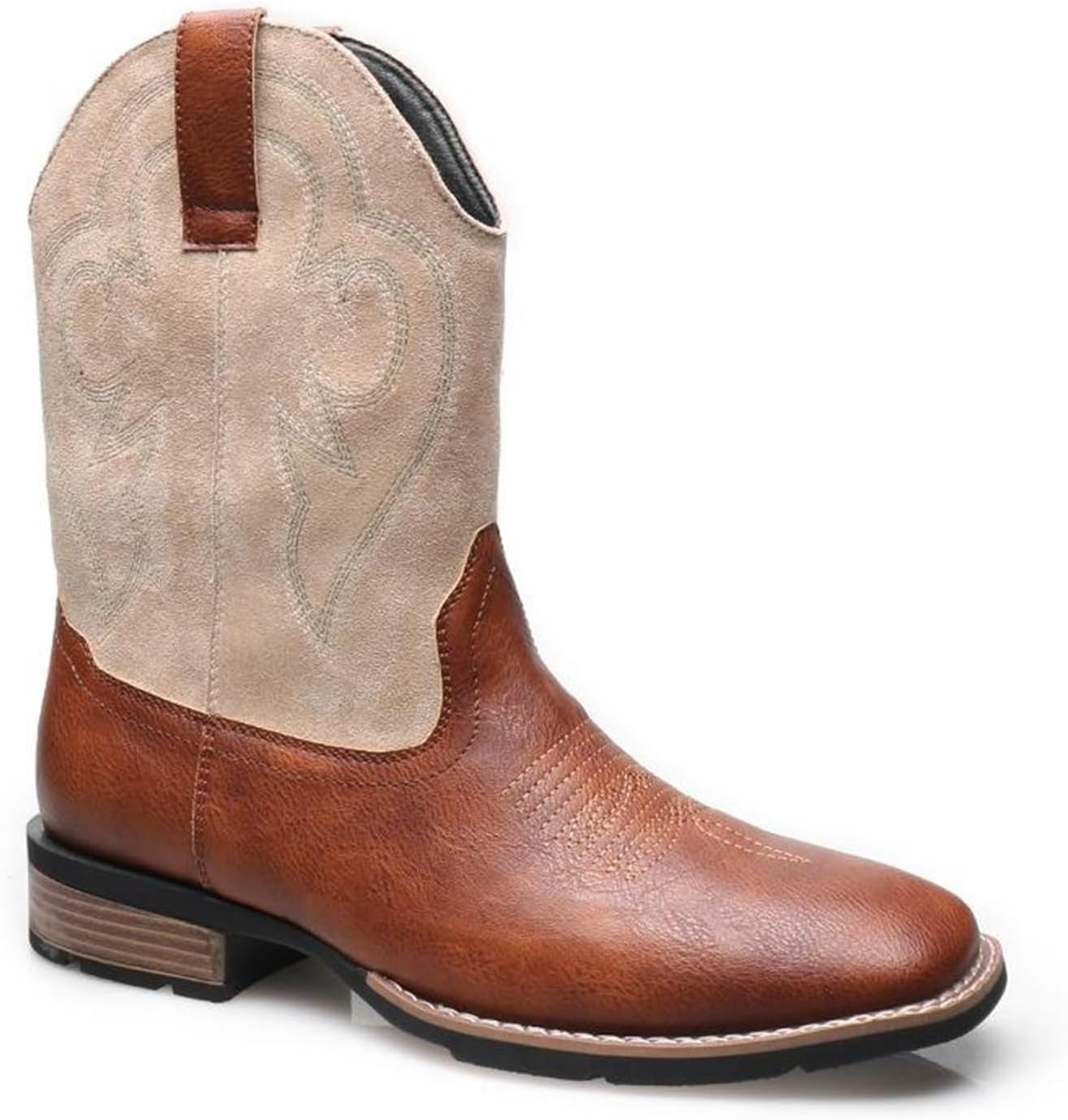 

Мужские вышитые ковбойские сапоги с запрокидкой, кожаные, с противоскользящей подошвой, сапоги на платформе, с квадратным носком, повседневные кожаные сапоги Generic, бежевый