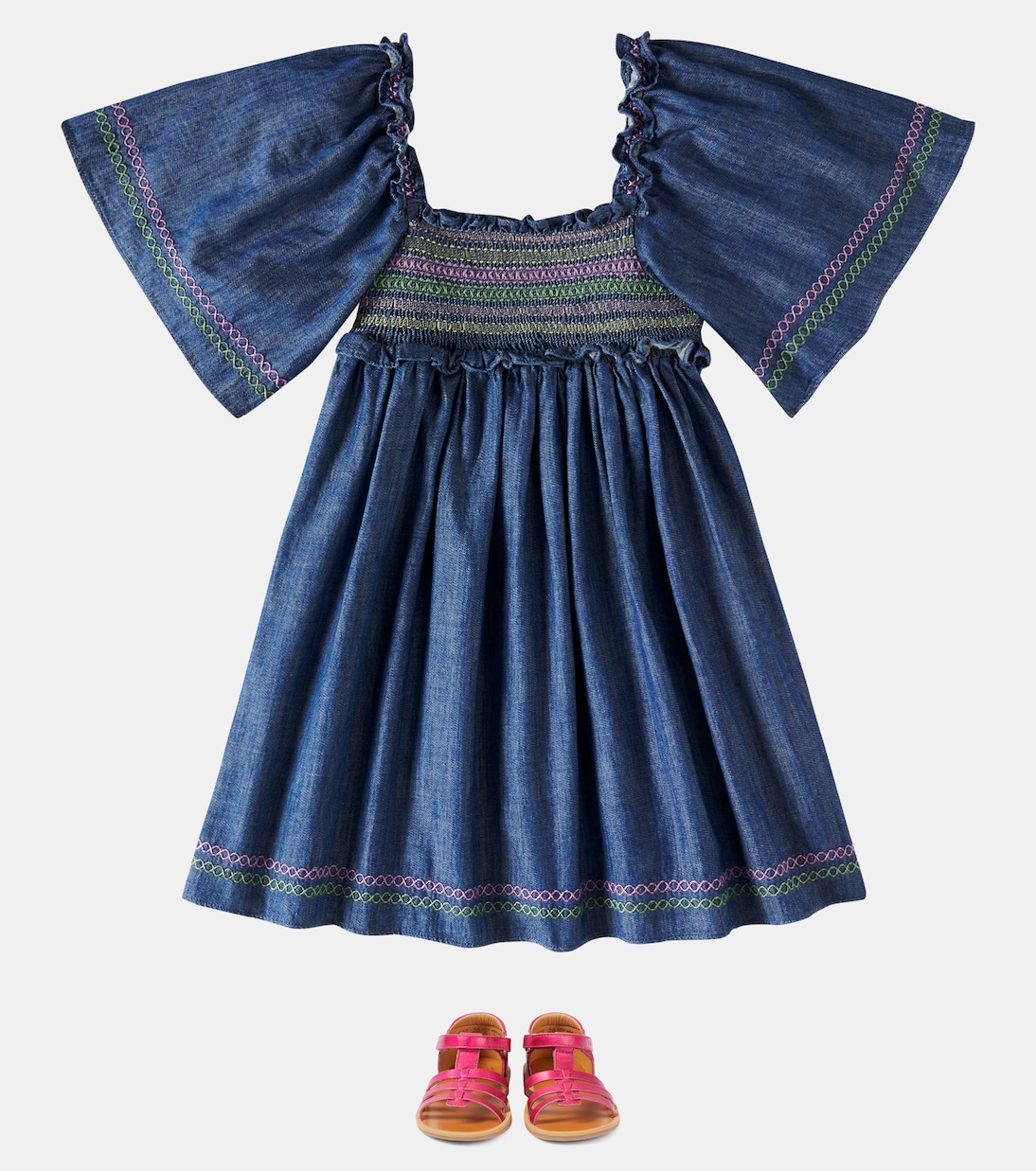 Платье из сального денима с присборенной текстурой Zimmermann Kids, Blue Lagoon — фото 2