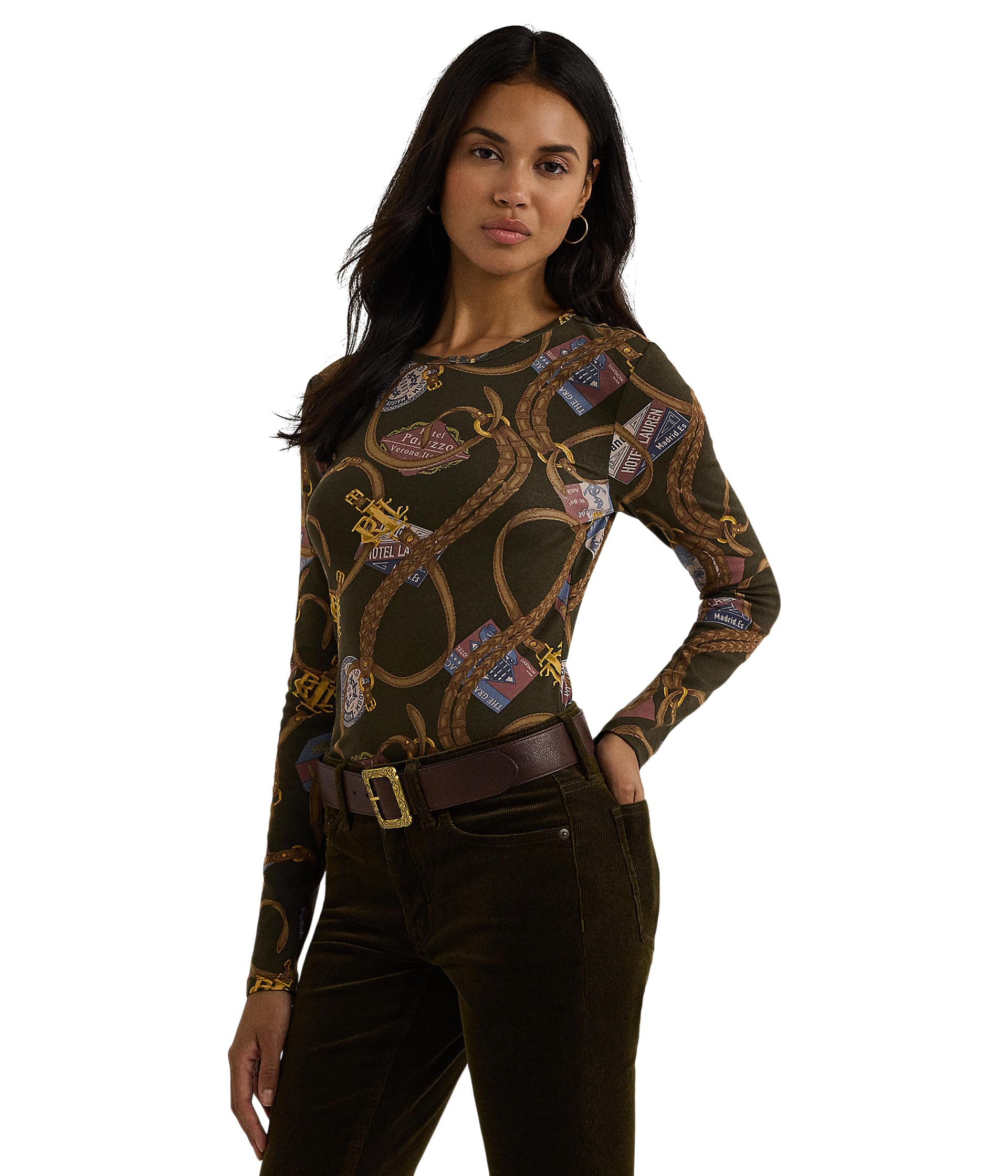 

Футболка Lauren Ralph Lauren Belting-Print Cotton Long-Sleeve Tee, цвет Burgundy Multi