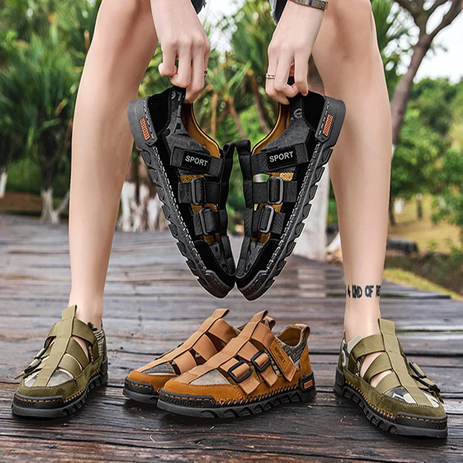 

Мужские кожаные дышащие закрытые сандалии-лодочки с регулируемым ремешком, летние повседневные пляжные нескользящие спортивные сандалии ELSHTIDE, зеленый