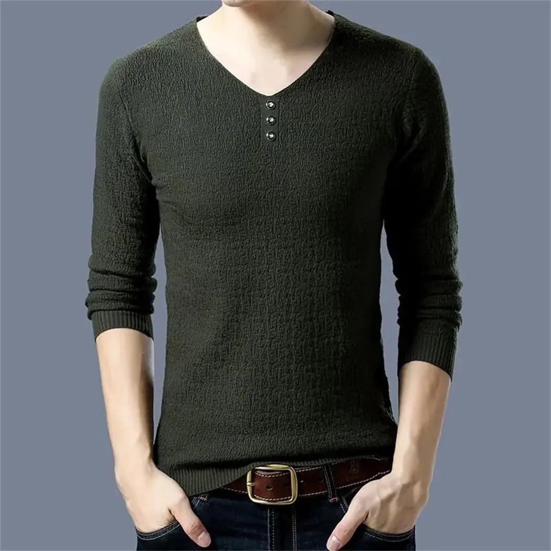 Мужской вязаный свитер с V-образным вырезом и пуговицами Slim Fit — фото 4