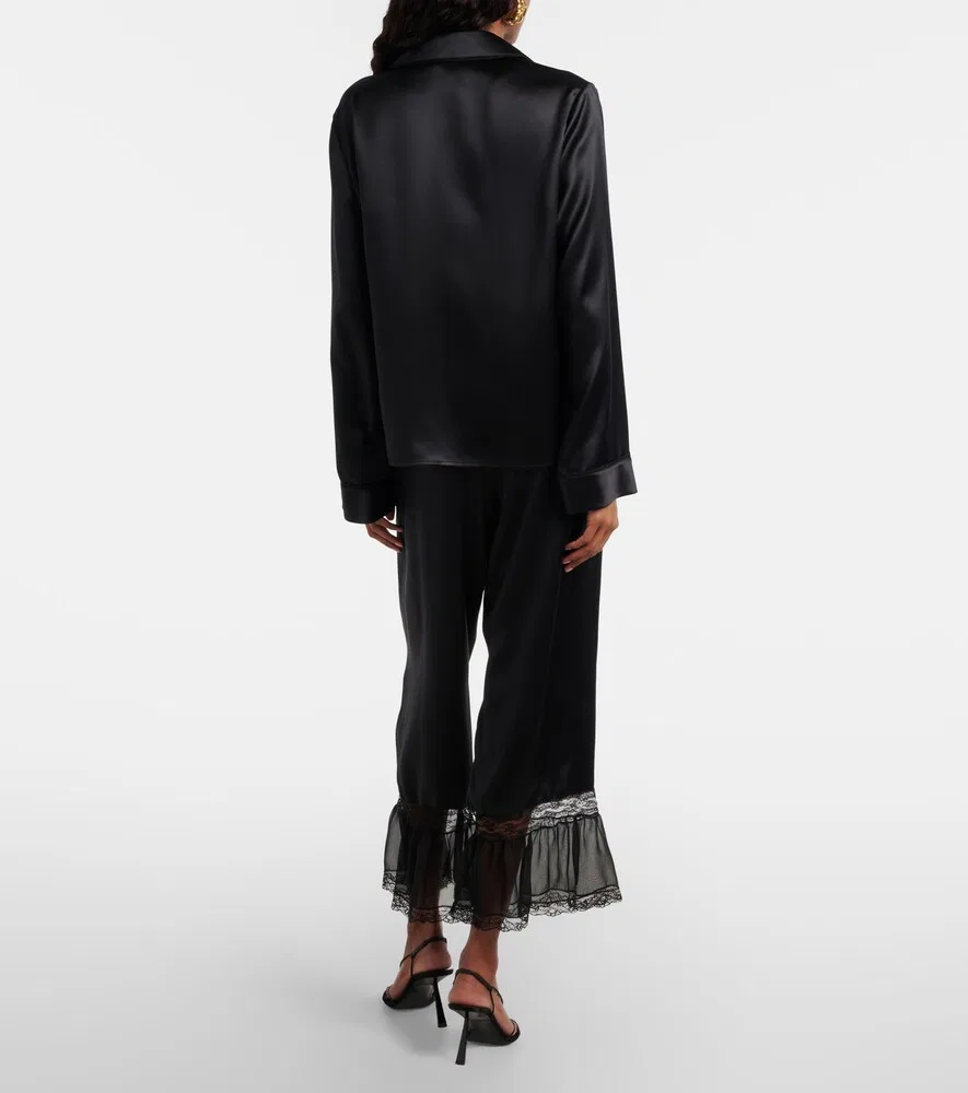 Широкие брюки из шелкового атласа с кружевной отделкой Saint Laurent, черный — фото 3