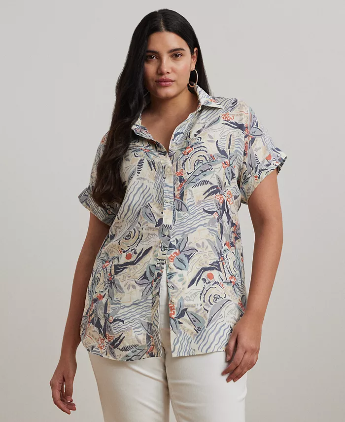 

Свободная льняная рубашка с коротким рукавом и принтом, размер plus size Lauren Ralph Lauren, белый