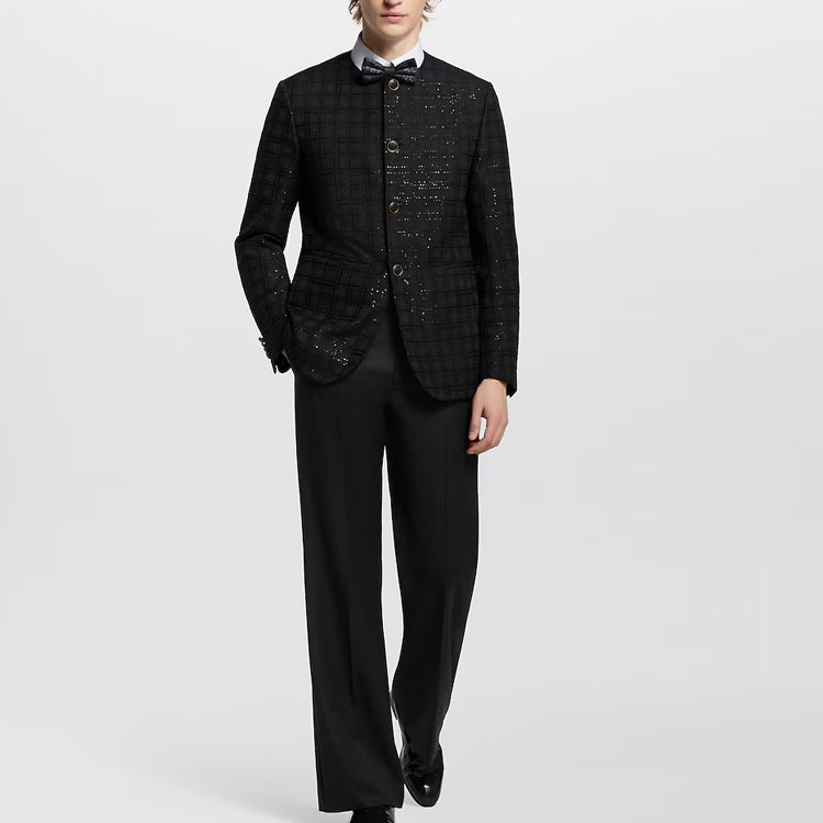 LOUIS VUITTON Льняной жакет без воротника с вышивкой пайетками, Black — фото 3