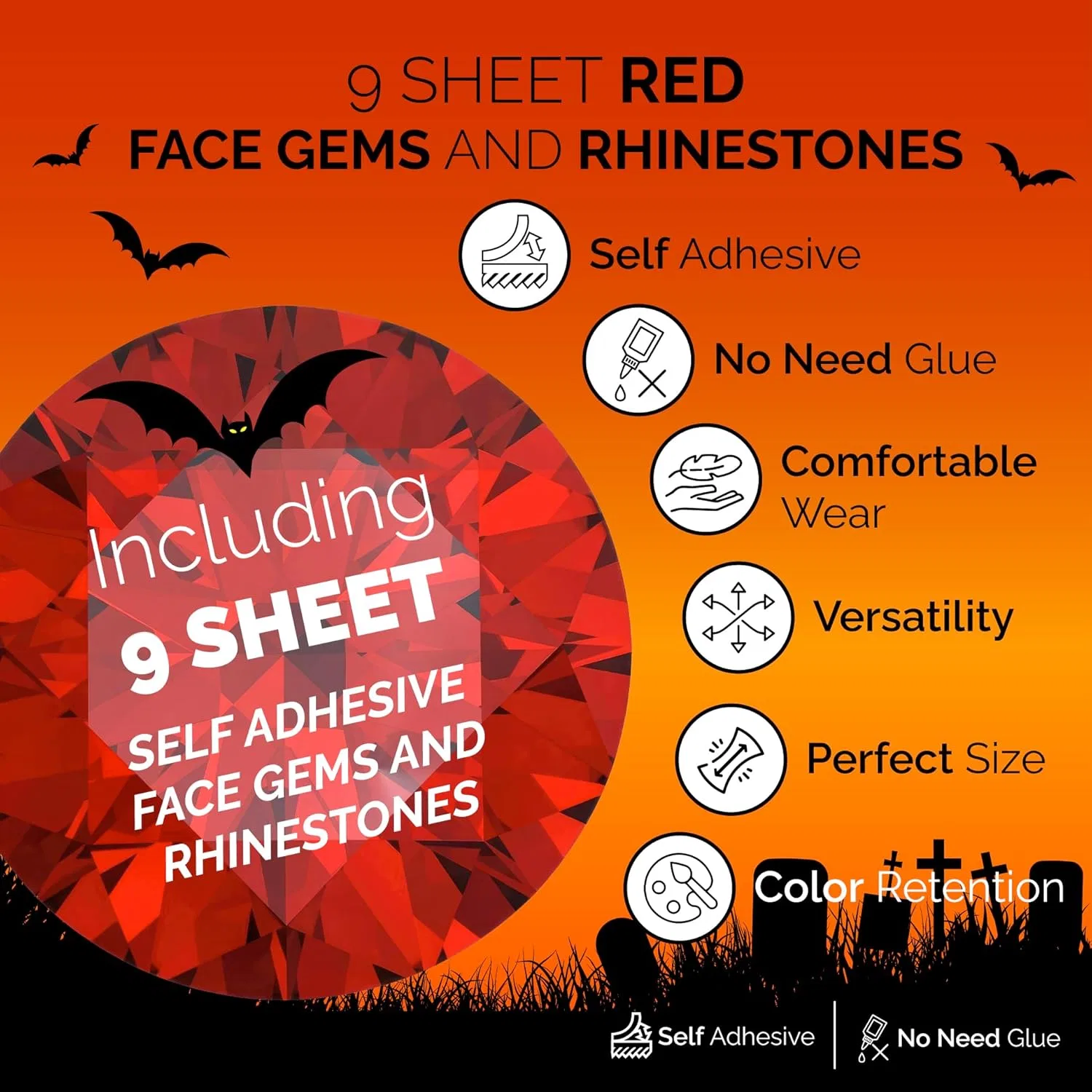Самоклеящиеся стразы для лица Face Gems 9 шт красные — фото 4