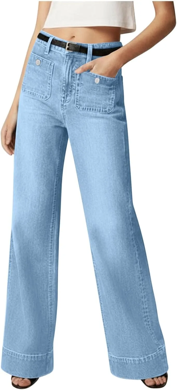 Женские джинсы Wide Leg High Waisted Stretch Denim Pants Baggy Straight Leg с карманами