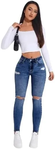 

Женские джинсы скинни с высокой талией и потертостями, средняя растяжка