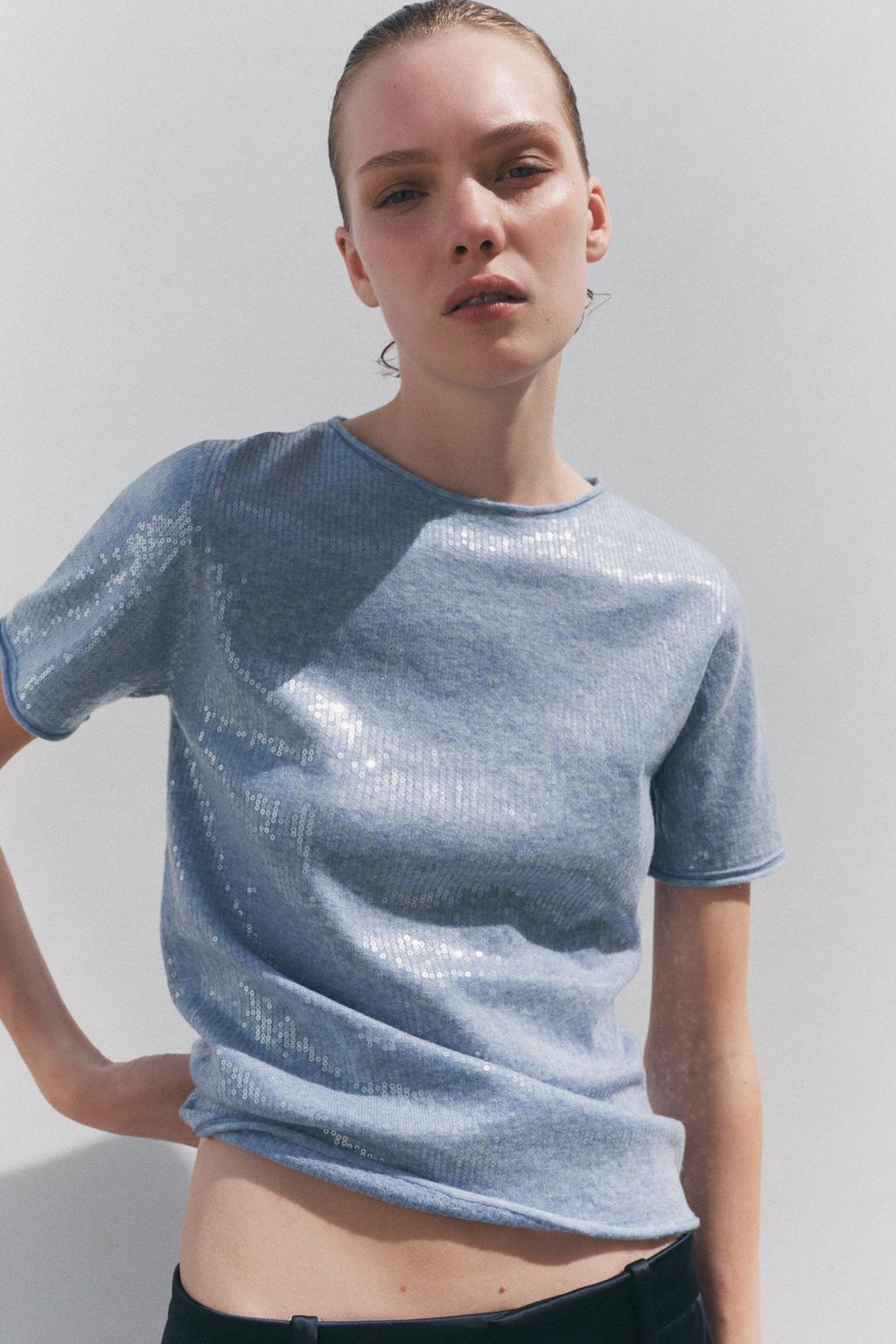 

Трикотажный топ с блестками ZARA, светло-синий