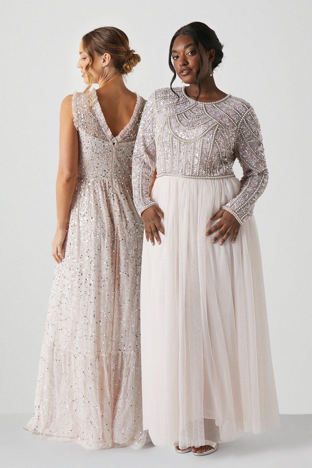 

Плюс размер Украшенный жемчугом лиф подружки невесты Тюлевая юбка D Coast, розовый