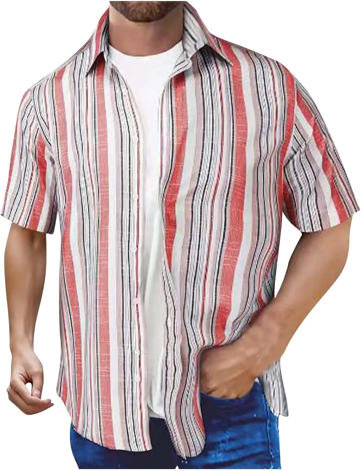 

Мужская футболка с пуговицами в полоску, летняя, свободного кроя