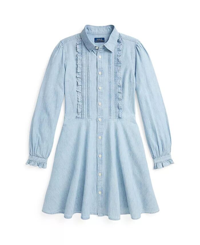 

Хлопковое платье из шамбре с оборками для больших девочек Polo Ralph Lauren, синий