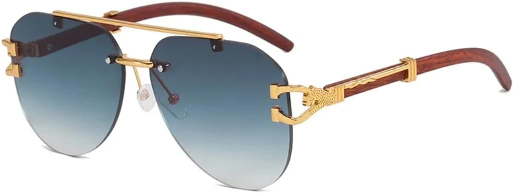 

Ретро-солнцезащитные очки без оправы с двойным дужком, овальные, женские, с индивидуальной отделкой под дерево и леопардовым принтом, модные мужские повседневные очки с защитой от УФ-излучения UV400 UATXTAU, Golden Dark Blue