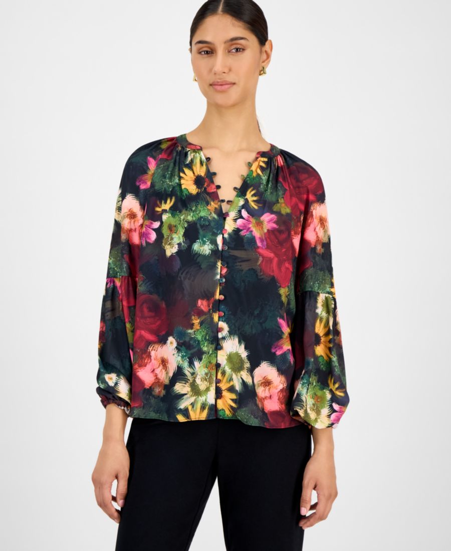 

Женская блузка с цветочным принтом и разрезом на воротнике T Tahari, Midnight Garden