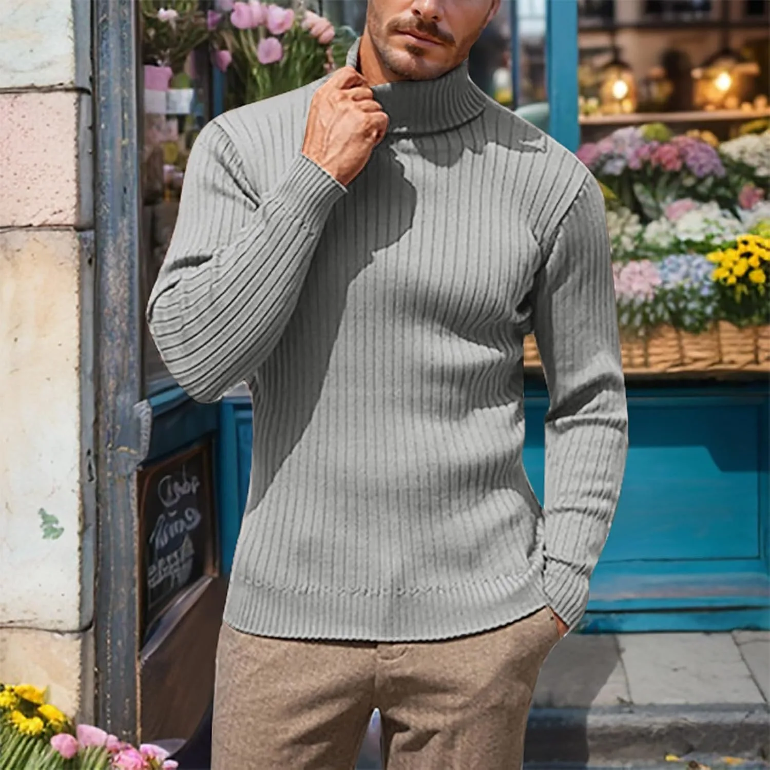 Высокий воротник Slim Fit свитер для мужчин Casual Pullover — фото 3