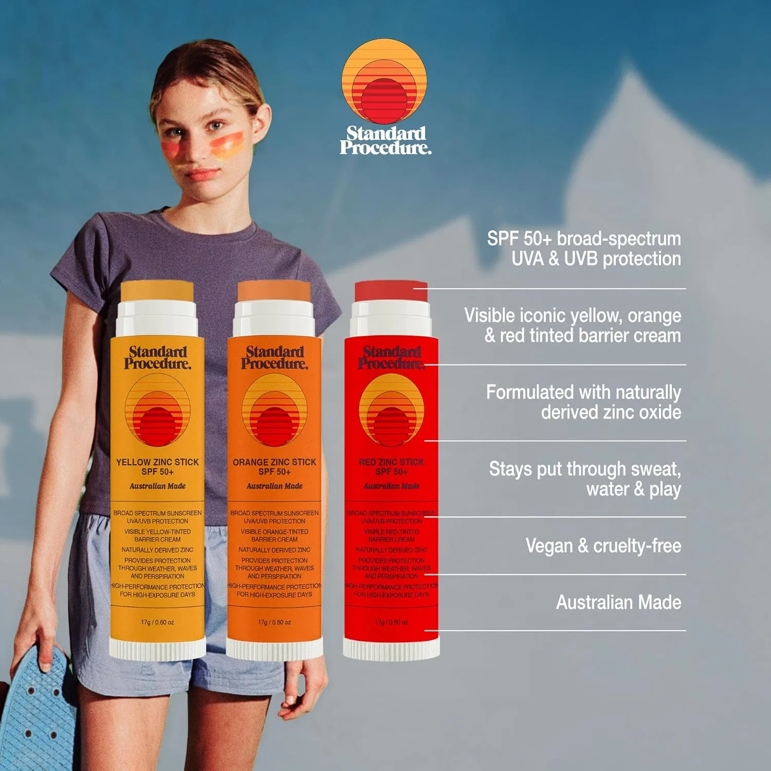 Солнцезащитный стик SPF 50+ Standard Procedure, желтый, оранжевый, красный Standard Procedure. — фото 2