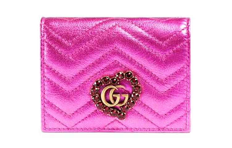 

GUCCI Женский стеганый кожаный держатель карт Marmont ко Дню святого Валентина, кошелек, стандартный, фуксия
