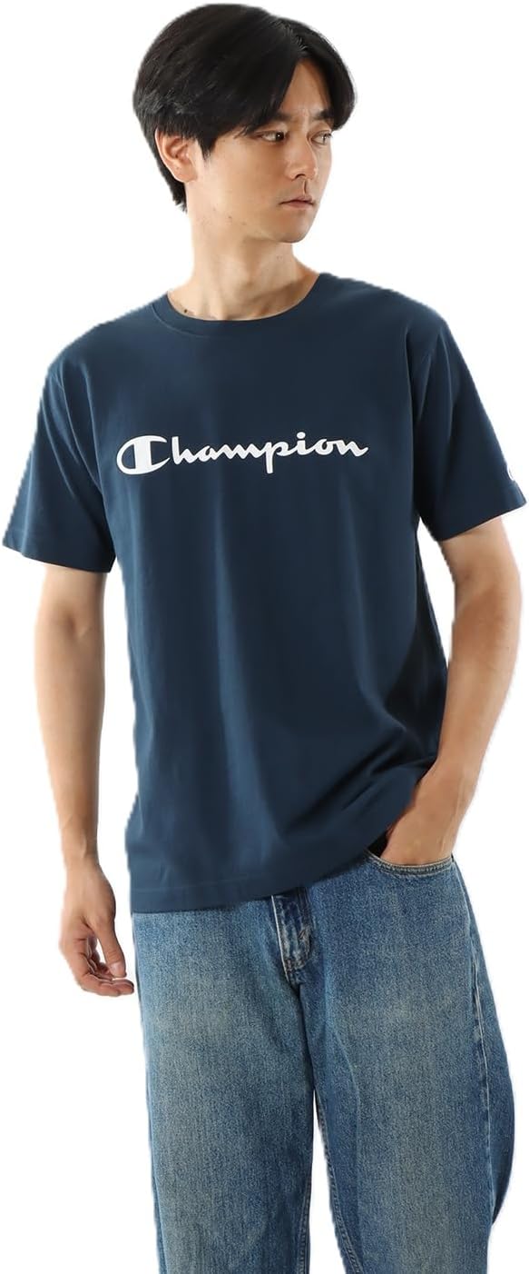 

Мужская футболка Champion с коротким рукавом и круглым вырезом, 100% хлопок, логотип с надписью, резиновый принт, C3-X358, темно-синий