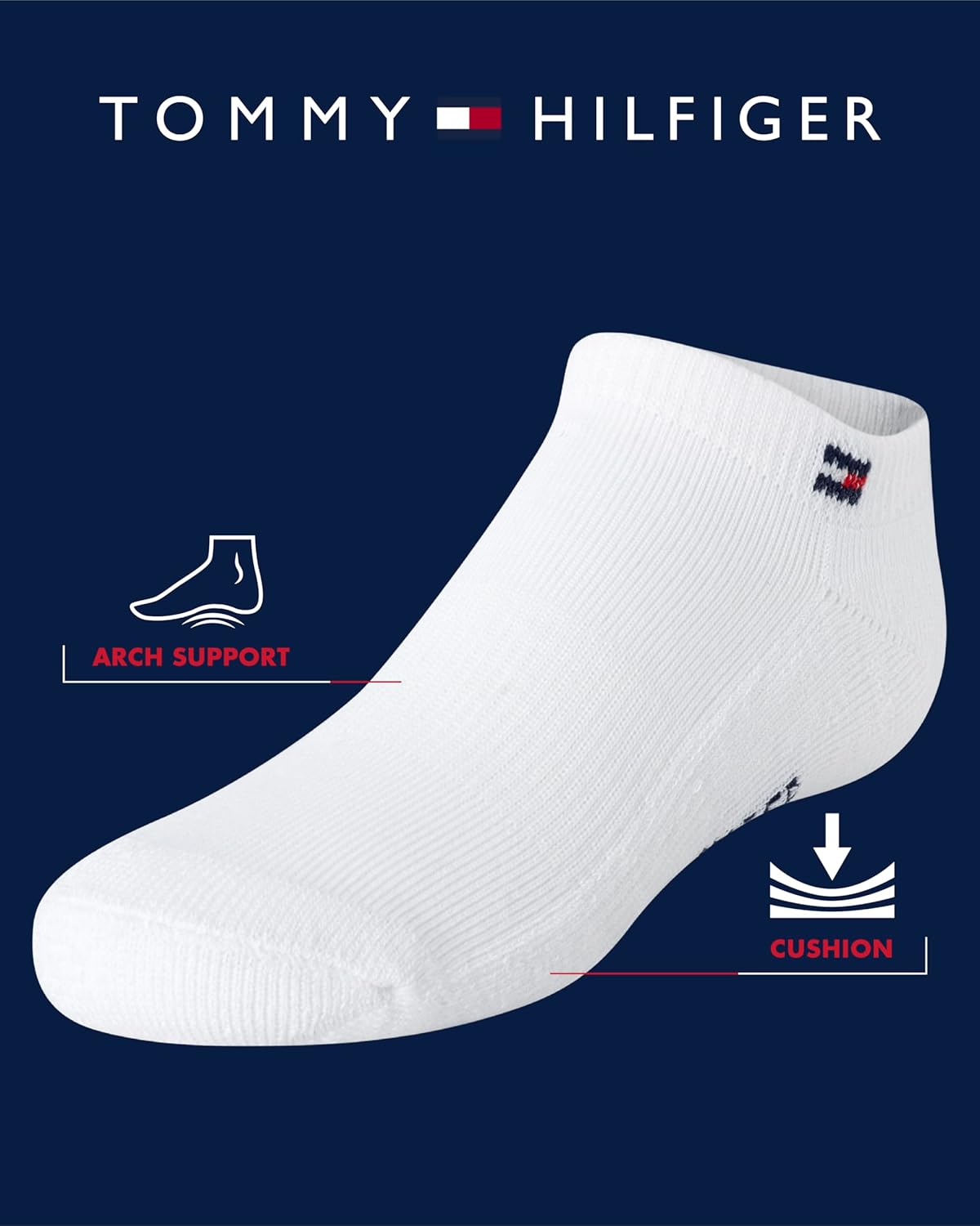 Детские спортивные носки Tommy Hilfiger - 6 пар дышащих носков с низким вырезом для мальчиков и девочек (размеры: SL), White — фото 2