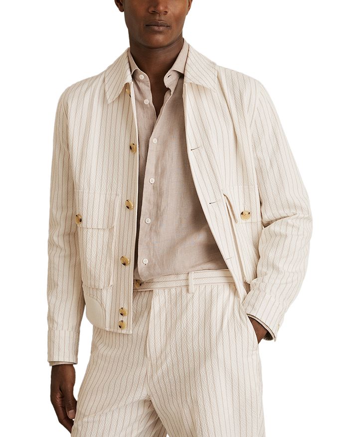 

Полосатая куртка Harrington из ткани seersucker REISS, слоновая кость/кремовый