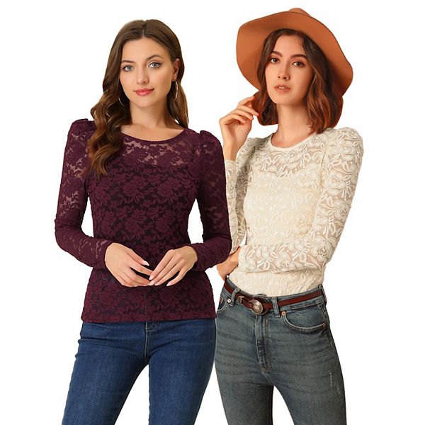 

2 упаковки женской полупрозрачной блузы с длинным рукавом и вышивкой Inspire Chic, Beige Burgundy
