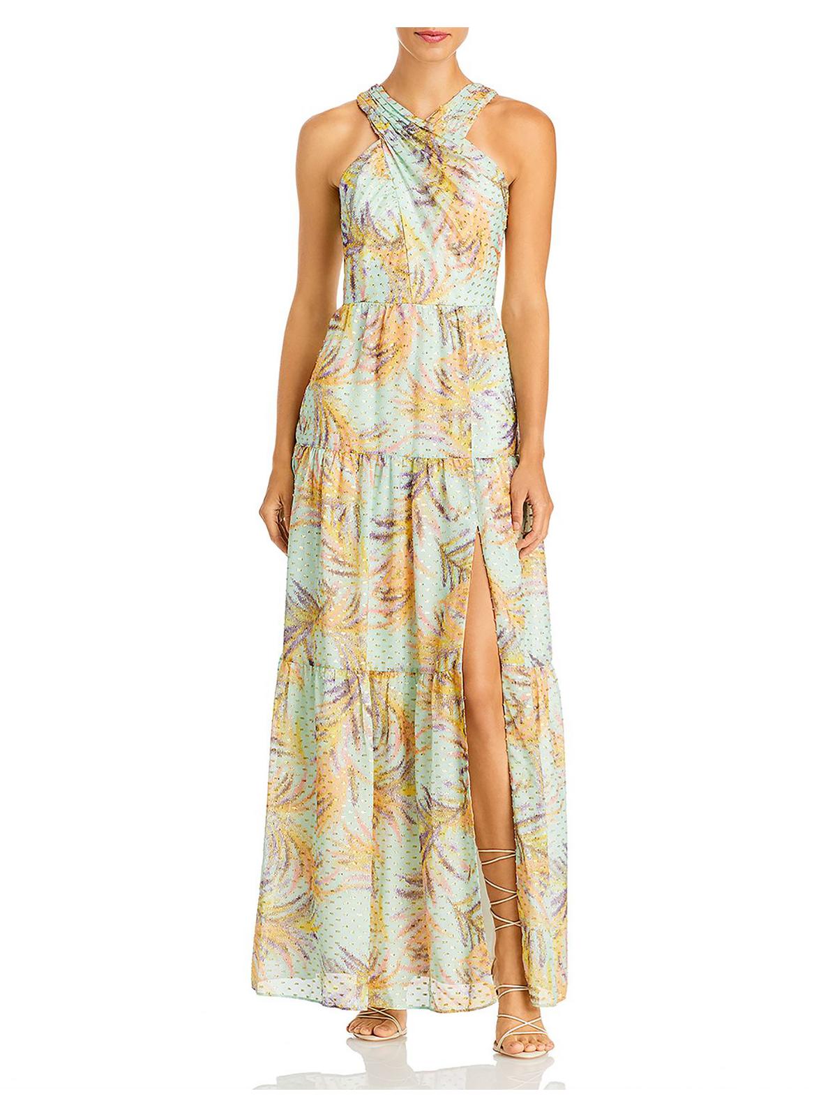 

Женское металлическое платье макси с бретелью через шею Aidan Mattox, бирюзовый/мультиколор